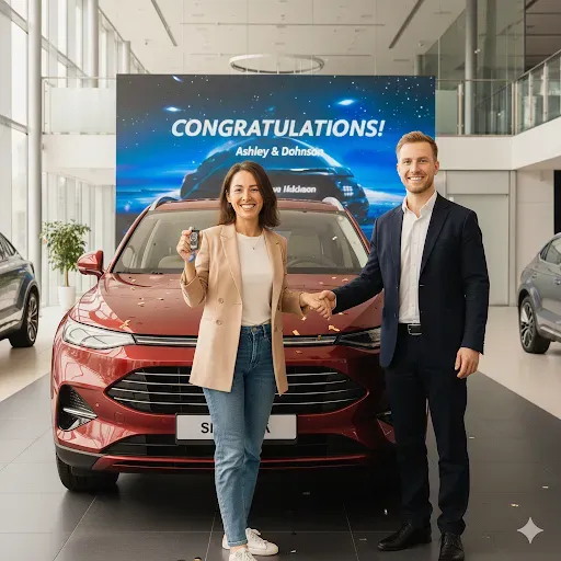 Happy couple at car dealership